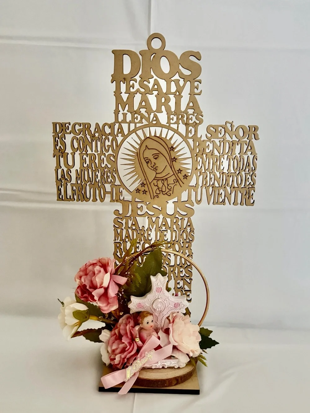 Wooden Laser-Cut Cross with Virgin Mary Design - Natural Wood